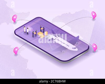 People packaging and sorting the boxes to the cargo plane and using online map in modern landing page for courier website. 3D isometric vector Stock Vector