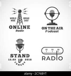 Online Radio and Microphone Abstract Vector Emblems Set. Broadcast Tower, Podcast or Stand Up Comedy Microphone Signs or Logo Templates. Radio Scale Stock Vector