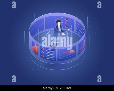 Man looking and analysing at graphic chart, business analytics concept, big data processing on user interface screen. 3D isolated isometric vector Stock Vector