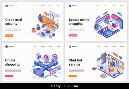 Isometric online shopping technology vector illustration. Creative concept banner set, interface webpage design with cartoon 3d modern security customers service and chat support for online shops Stock Vector