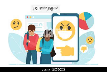 Cyber bullying people vector illustration. Cartoon flat sad bullied teen boy and girl surrounded by message bubbles, online dislike and hate messages, cyber bully mockery problem in social network Stock Vector