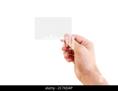 Man hand holding business card isolated on white background. Man hand holding white paper. Stock Photo