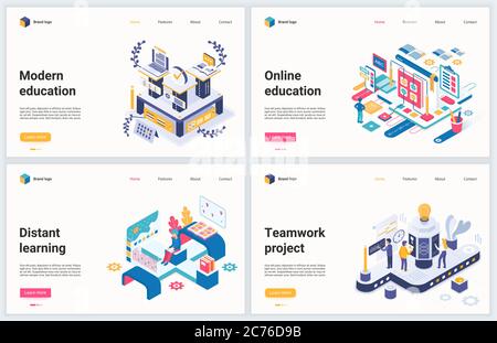 Isometric distance education technology vector illustration. Creative modern concept banner set, website design with cartoon 3d online training of business team, educational project and distant course Stock Vector