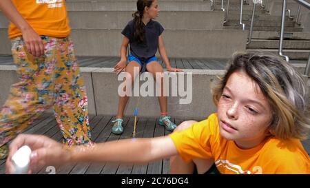 Day Camp, Brooklyn, New York City. Kids outdoors. Model-Released. Stock Photo