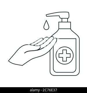 Washing hand with sanitizer liquid soap vector line icon. Stock Vector