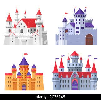 Medieval fort castle vector illustration set. Cartoon flat old fantasy kingdom collection of royal fairytale fortress for king and queen, fairy citadel, fortified palaces with gate isolated on white Stock Vector
