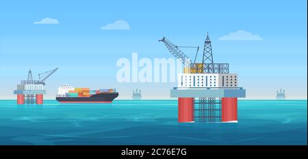 Oil drill platform vector illustration. Cartoon flat ocean or sea landscape with drilling rig tower, ship tanker for gas fuel extraction production and transportation, oil industry offshore background Stock Vector