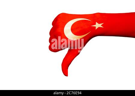 Turkey Flag shown thumbs down on a white background isolated Stock Photo