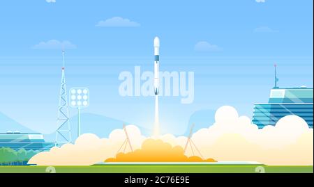 Rocket launch vector illustration. Cartoon flat science spaceship station, heavy rocket shuttle or speed spacecraft launching with fire and smoke cloud into space galaxy panoramic landscape background Stock Vector