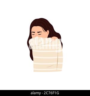 Cough or sneeze into elbow flat icon. Infectious germs spread prevention tip. Sick person coughs sneezes into upper sleeve. Young infected woman has f Stock Vector
