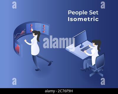 People working on office watching data analytics on screen set. 3D vector illustration vector image Stock Vector