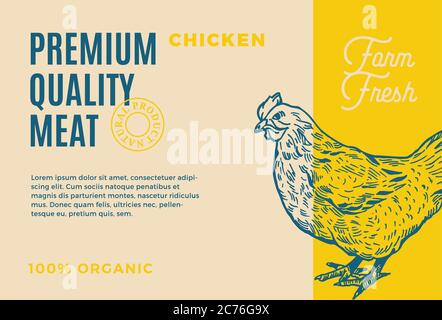 Premium Quality Chicken. Abstract Vector Meat Packaging Design or Label. Modern Typography and Hand Drawn Hen Silhouette Background Layout Stock Vector