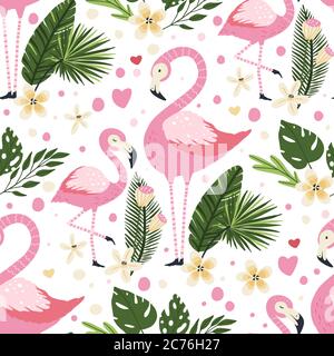 Flamingo bird vector seamless pattern. Cartoon tropical summer background with pink exotic jungle animal, tropic palm and flowers. Mother and baby kid illustration. Stock Vector