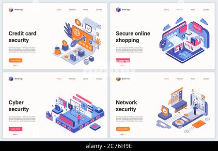 Isometric cyber security technology vector illustration. Creative concept banner set, website design with cartoon 3d cyber service for data protection, safety of confidential credit card information Stock Vector