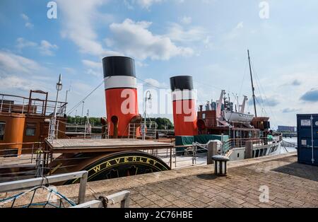 PS Waverley the last seagoing paddle steamer in the world moored at Glasgow Science Centre Glasgow Scotland. Stock Photo