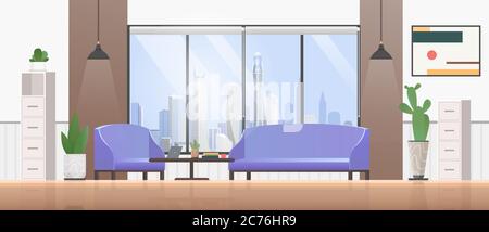 Living room interior flat design vector illustration. Cartoon empty modern home apartment living room with cozy sofa, picture on wall, panoramic modern city view from window, green plants background Stock Vector