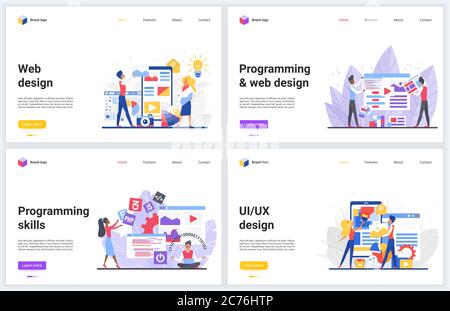 Mobile application development process vector illustrations. Creative concept website interface, digital app banners with flat cartoon programming team of developers, teamwork UI UX design creation Stock Vector