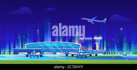 City airport at night vector illustration. Cartoon flat airport terminal modern building, airplanes waiting flight, aircrafts taking off and landing on runway, neon cityscape skyscrapers background.