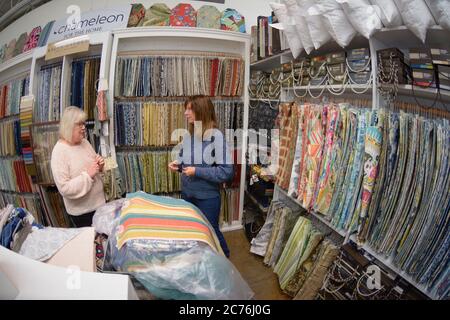 Women shopping for upholstery fabric Stock Photo