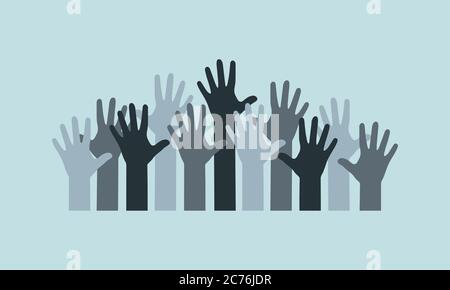 Group people hands up, volunteer or voting concept background, human hand. Stock Vector