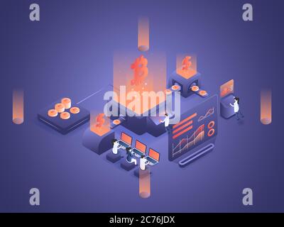 People are processing the graphic chart analytics data of cryptocurrency. 3D vector isometric illustration. Stock Vector