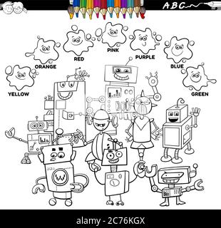 Black and White Educational Cartoon Illustration of Basic Colors with Comic Robots Characters Group Coloring Book Page Stock Vector