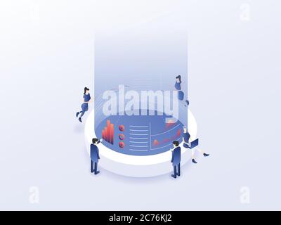 People are team working to analyse the data using chart, graph, screen, and etc. in workspace. 3D isolated isometric vector illustration Stock Vector