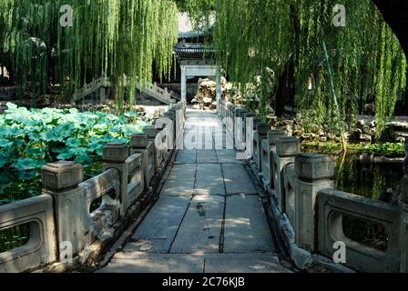 A view on stone Chinese styled bridge on the lake with the Chinese arch at the end, tree's leaves and lotus plant in the background, Chinese garden. Stock Photo