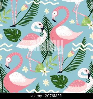 Tropical white flamingo bird seamless summer pattern. Exotic ornate vector wallpaper with pink wild animals and jungle floral illustraions on a pink background. Stock Vector
