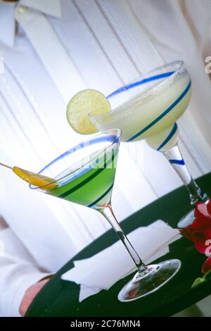 Exotic Tropical Cocktails in Martini Glass Held by a Barman on a Serving Tray, USA Stock Photo