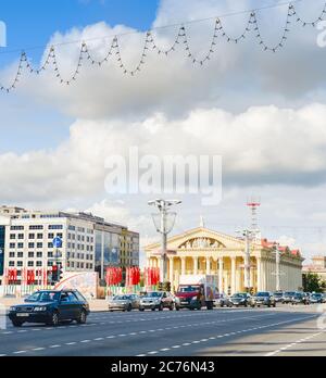 MINSK, BELARUS - JULY 17, 2019: Traffic on a central Independense avenue. Independence Avenue  is the main street of Minsk, the capital of Belarus Stock Photo