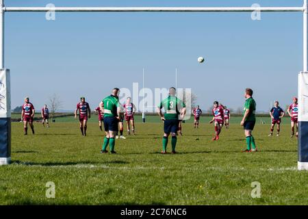 Swanage player kicking conversion. NDRFC 1st XV vs Swanage & Wareham RFC 1st XV, Saturday, 8, April, 2017 - North Dorset RFC - Gillingham - Dorset - E Stock Photo