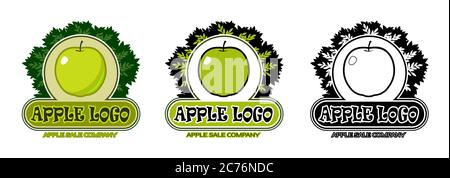 Apple logo design concept. Symbol of gardening, juice production. Set: full color, two-color for packaging and black for printing. Isolated on a white Stock Vector
