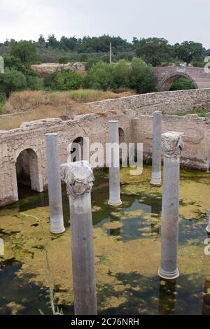 Allianoi  was an ancient hot spring and city with the remains of the 2nd century Roman empire. Due to the dam construction 2011 was covered with sand. Stock Photo