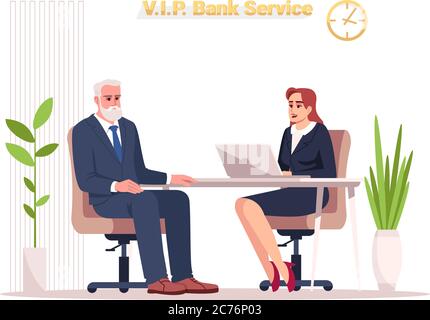 VIP bank service semi flat RGB color vector illustration. Private advisor at reception. Financial consultant with male elderly customer isolated carto Stock Vector