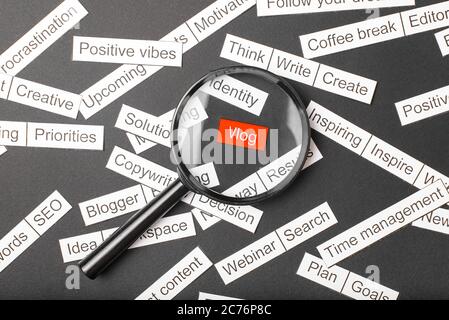 Cut paper inscription inspiration on a red background, surrounded by other inscriptions on a dark background. Word cloud concept Stock Photo