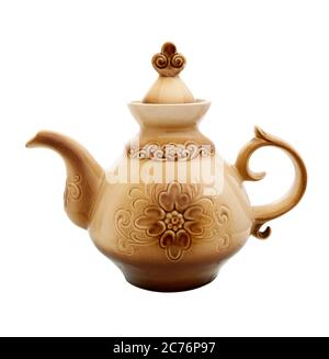 Tea Pot. Ceramic Teapot isolated on white background. Ceramic kettle with a pattern. Stock Photo