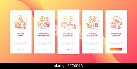 Daycare center effectiveness components onboarding mobile app page screen with concepts. Kindergarten. Walkthrough 5 steps graphic instructions. UI ve Stock Vector
