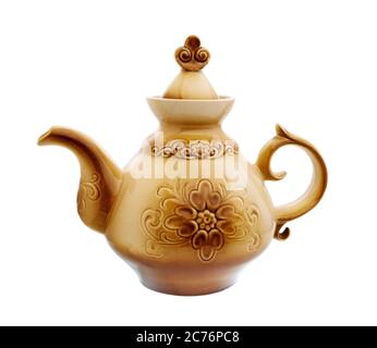 Tea Pot. Ceramic Teapot isolated on white background. Ceramic kettle with a pattern. Stock Photo