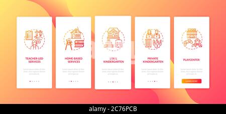 Kids preschool center types onboarding mobile app page screen with concepts. Teacher led services. Walkthrough 5 steps graphic instructions. UI vector Stock Vector