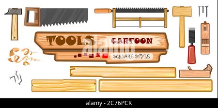 Set of joiner's tools. Vector. Steel and wooden hammer, saw, bow saw, nails, bent nails, shavings, chisel. Cartoon style. Isolated object on a white Stock Vector