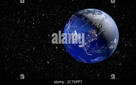 Planet Earth. Glow of cities in India and China. 3D rendering. Stock Photo