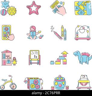 Childhood toys RGB color icons set. Educational toys for children early development. Dollhouse.Tricycle and baby walker. Toddlers amusement and activi Stock Vector