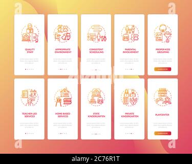 Children education centers types and features onboarding mobile app page screen with concepts set. Walkthrough 5 steps graphic instructions. UI vector Stock Vector