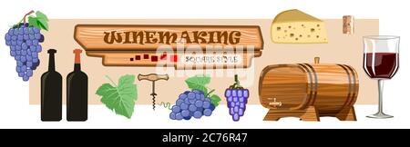 Winemaking. Vector. Set of items for the production of wine: barrel, grape, glass, bottle, corkscrew, cork. Cheese. Cartoons flat style. Isolated Stock Vector