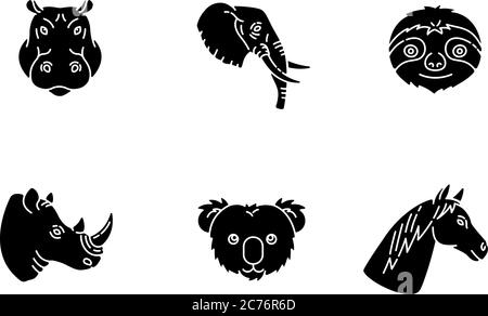 Animal heads black glyph icons set on white space. Exotic mammals, tropical fauna silhouette symbols. Hippopotamus, elephant, koala, sloth, horse and Stock Vector