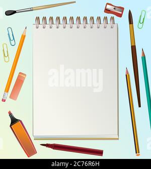 Artist's desk. Vector. Workspace of the artist. View from above. For banner, web page, poster, printing. Brushes, pencils, paints. Place for text. Stock Vector