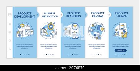 Product management onboarding vector template. Business planning. Marketing analysis. Merchandise launch. Responsive mobile website with icons. Webpag Stock Vector
