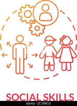 Kids social skills concept icon. Children interactions. Childcare. Positive attitude and using manners. Social behavior idea thin line illustration. V Stock Vector
