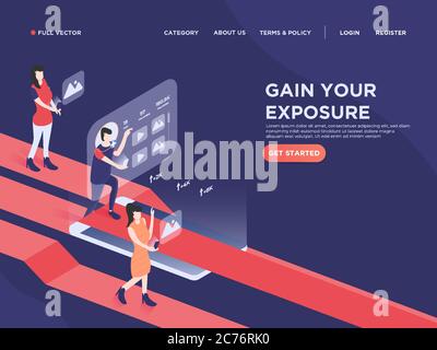 Social media influencer landing page web design. 3d isometric vector illustration Stock Vector